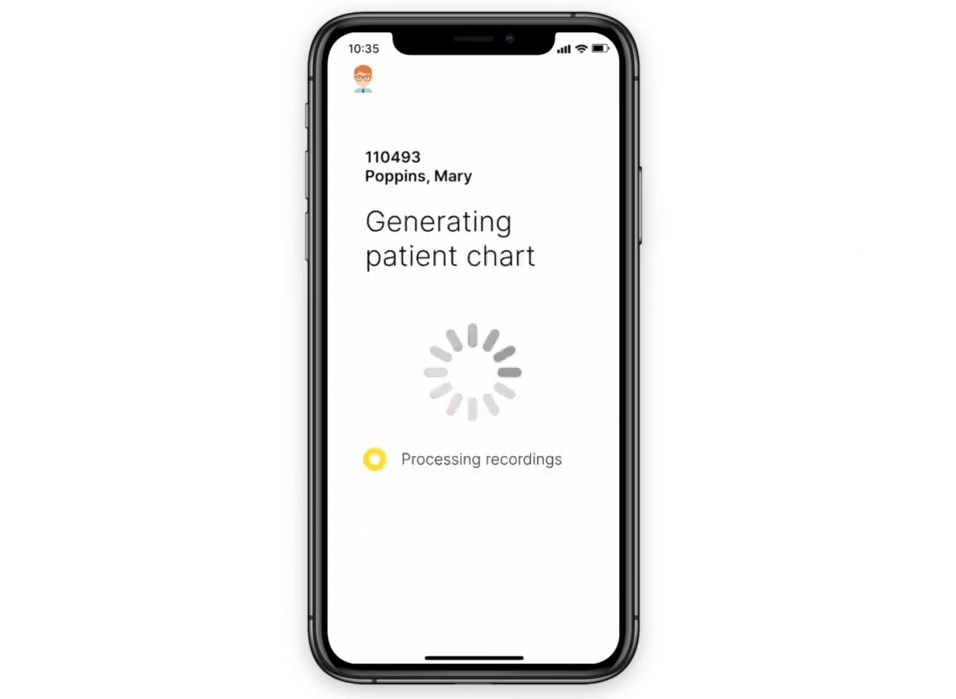 Andy app generating a patient chart, with recordings processed, medical history ingested, OASIS generated, and entry into the EHR underway