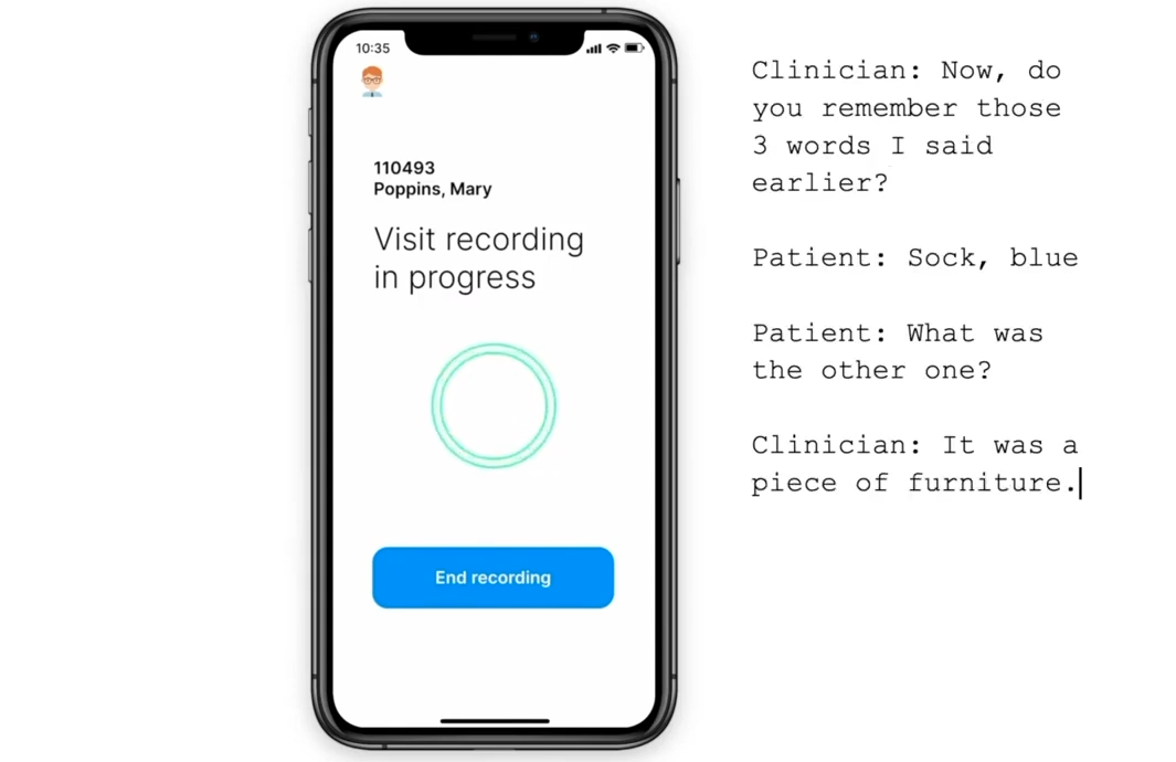 Andy app recording a home health visit while a live transcript of the clinician and patient conversation appears alongside